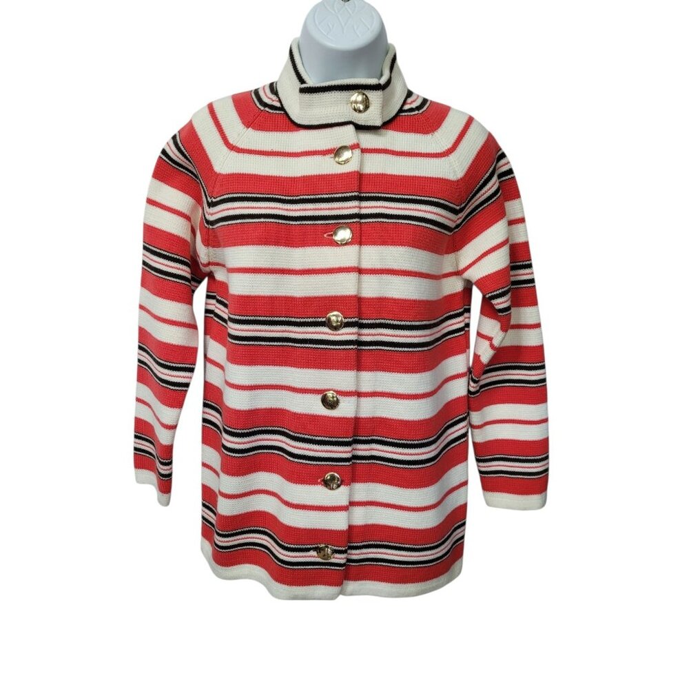Vintage Full Fashioned Hand Loomed Womens Sweater S/M Coral White Black Stripe - Picture 2 of 14